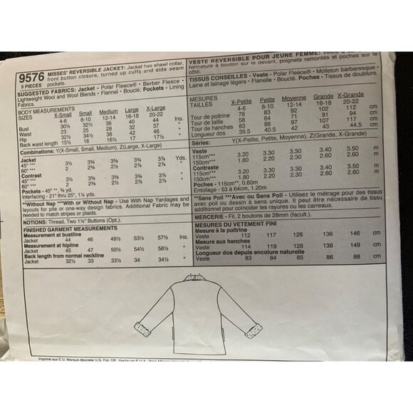 McCall's Misses Coat Reversible Sewing Pattern Sz Lg - XL 9576 - Uncut - Picture 6 of 11